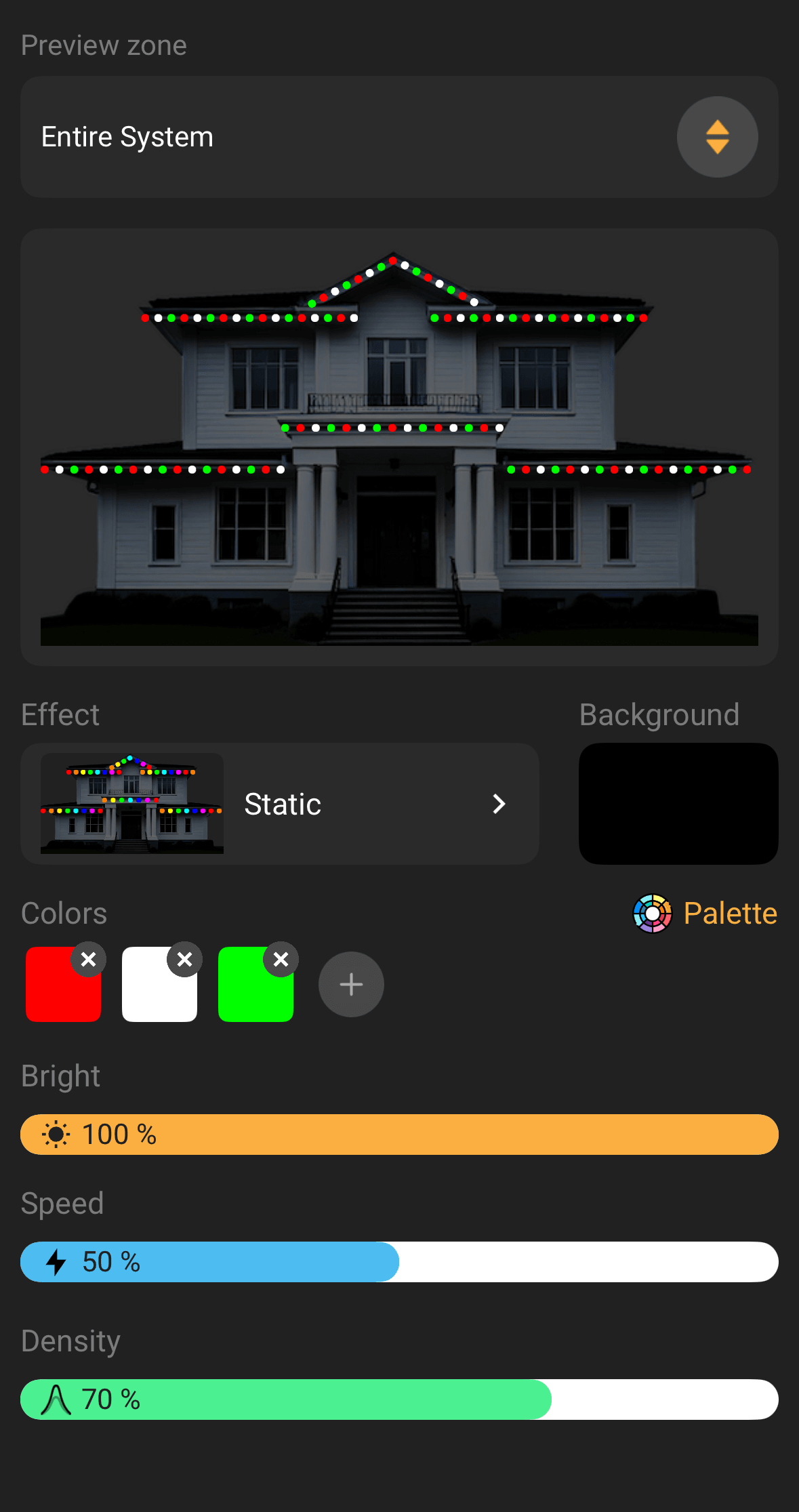 TruLight Chicago app screen showing per-zone color and effect controls for a home's permanent lighting