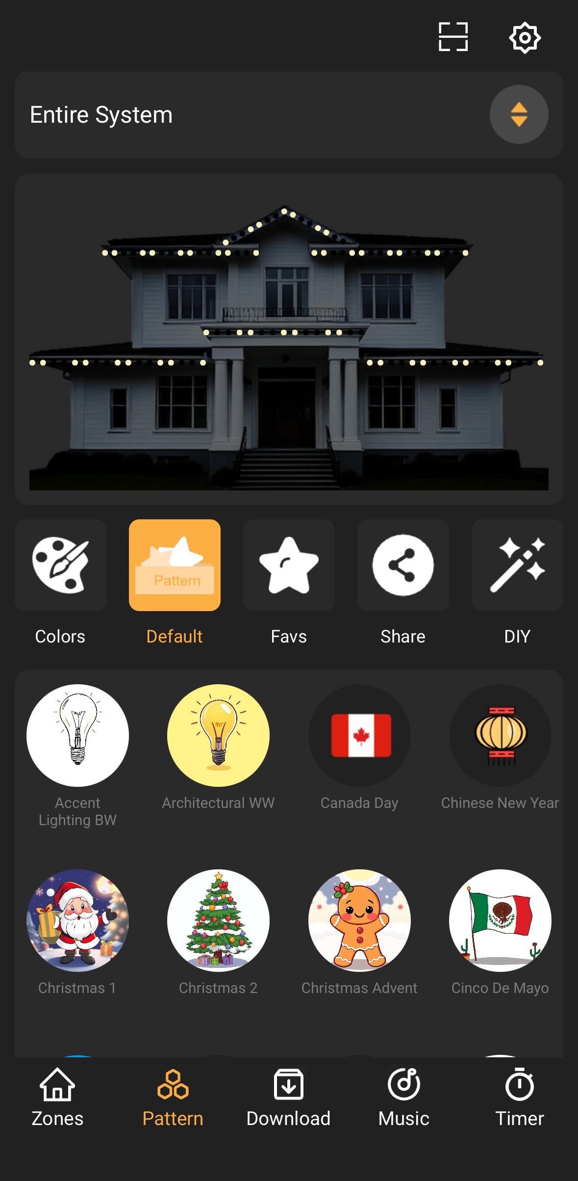 TruLight Chicago app screen showing preset lighting patterns and scenes