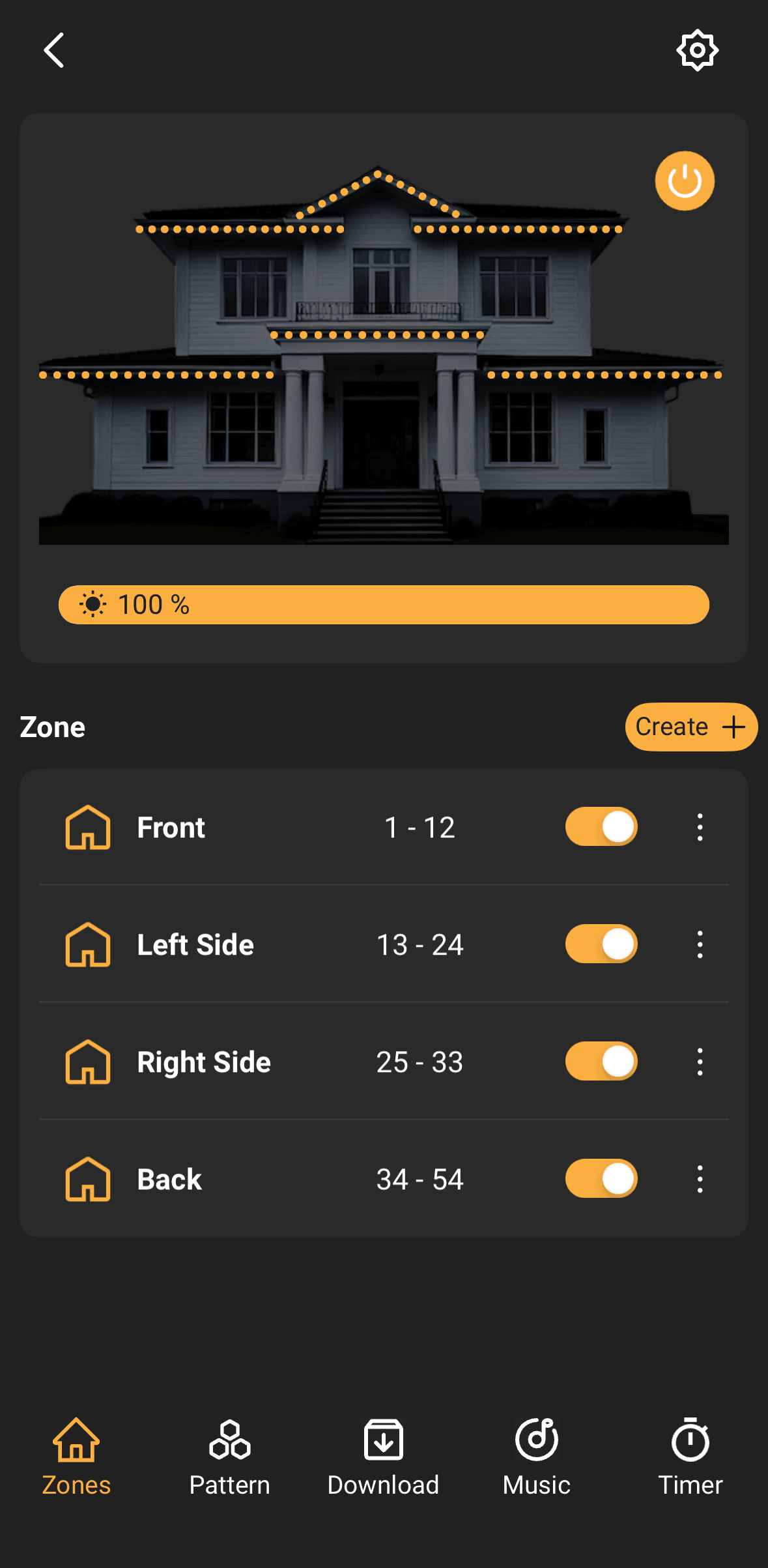TruLight Chicago app screen showing front, side, and back lighting zones for a home