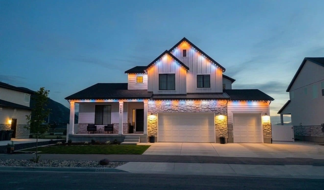 Home exterior lit in game day team colors using permanent lighting