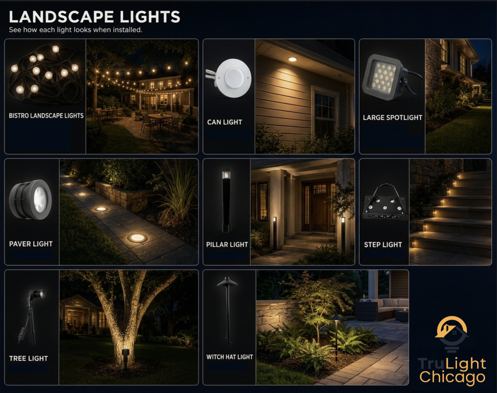 Landscape light fixtures shown in everyday warm white
